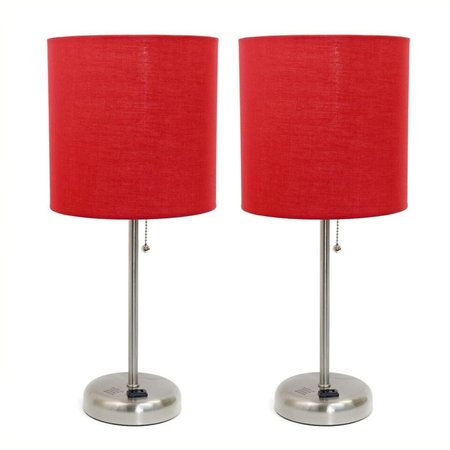 DIAMOND SPARKLE Brushed Steel Stick Table Lamp with Charging Outlet & Fabric Shade, Red - Set of 2 DI2519786